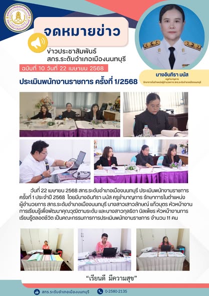 วันที่ 22 เมษายน 2568 บุคลากร สกร.ระดับอำเภอเมืองนนทบุรี เข้าร่วมการประเมินพนักงานราชการ ครั้งที่ 1 ประจำปี 2568 โดยมีนางอินทิรา มนัส ครูชำนาญการ รักษาการในตำแหน่ง ผู้อำนวยการ สกร.ระดับอำเภอเมืองนนทบุรี นางสาวเสาวลักษณ์ แก้วบุตร หัวหน้างานการเรียนรู้เพื่อพัฒนาคุณวุฒิตามระดับ และนางสาวกุลธิดา นิลเพ็ชร หัวหน้างานการเรียนรู้ตลอดชีวิต เป็นคณะกรรมการการประเมินพนักงานราชการ จำนวน 11 คน